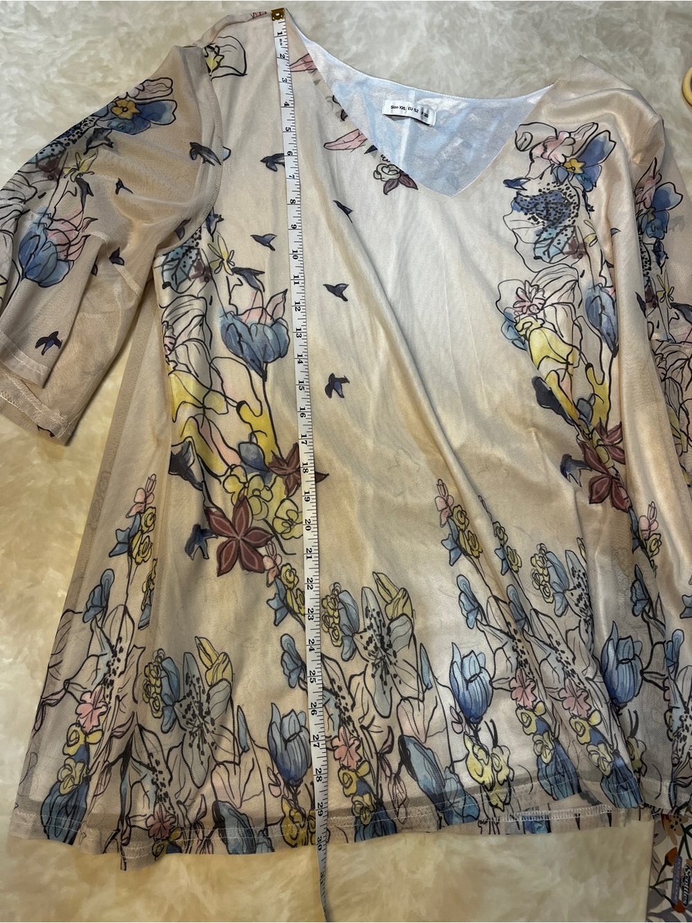 Cream Floral V-Neck Tunic Top with Pastel Accents - Picture 10 of 10